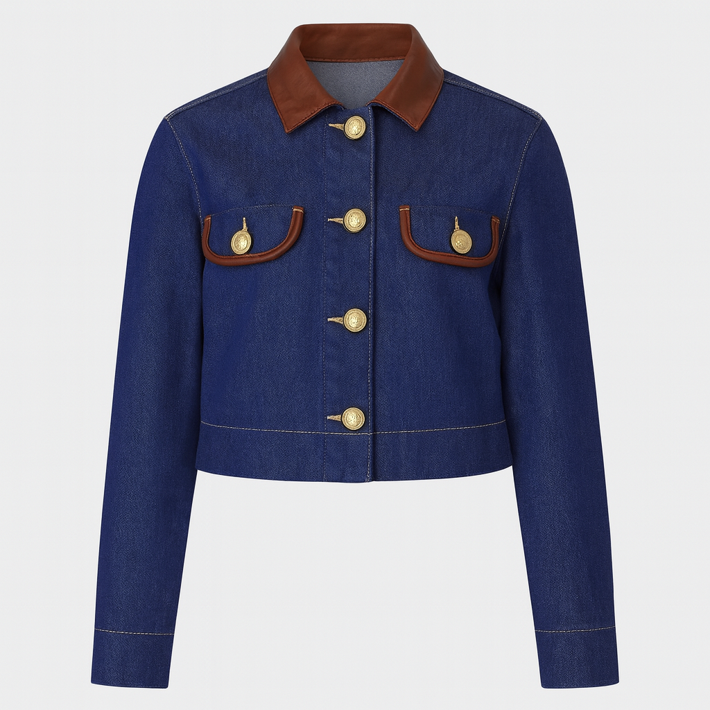 A cropped dark blue denim jacket with brown faux leather collar and pocket flaps, gold embossed buttons, and long sleeves.