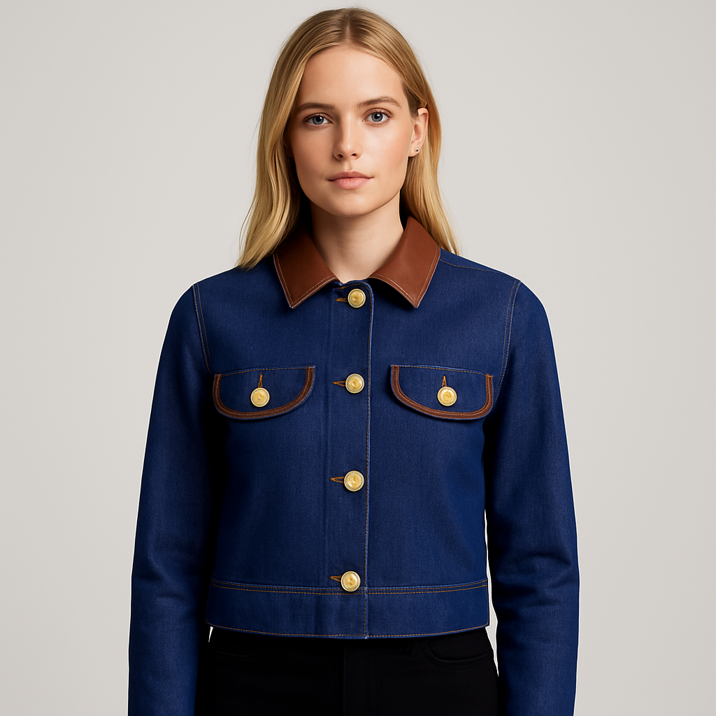 A cropped dark blue denim jacket with brown faux leather collar and pocket flaps, gold embossed buttons, and long sleeves.