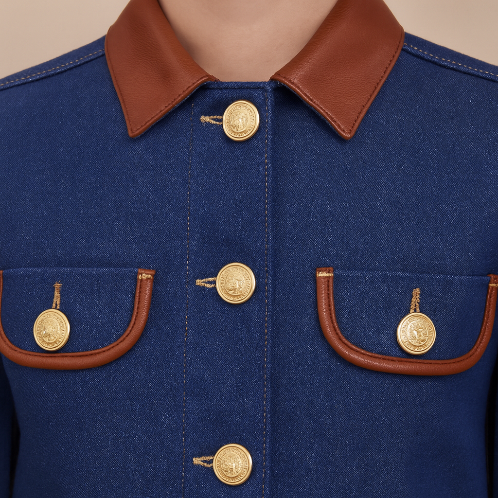 A cropped dark blue denim jacket with brown faux leather collar and pocket flaps, gold embossed buttons, and long sleeves.