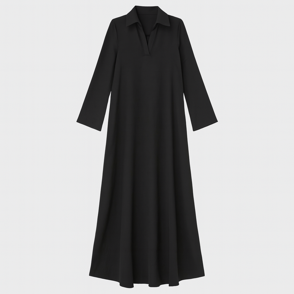 A long-sleeve, ankle-length dress with a flared silhouette, collared neckline, and V-shaped opening at the chest.