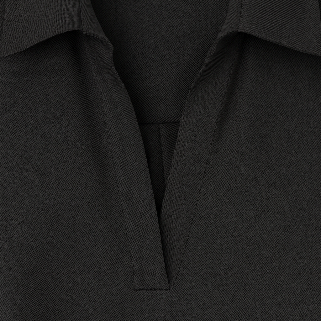 A long-sleeve, ankle-length dress with a flared silhouette, collared neckline, and V-shaped opening at the chest.