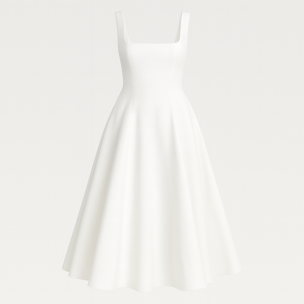 Midi dress with a square neckline, fitted bodice, and flared A-line skirt
