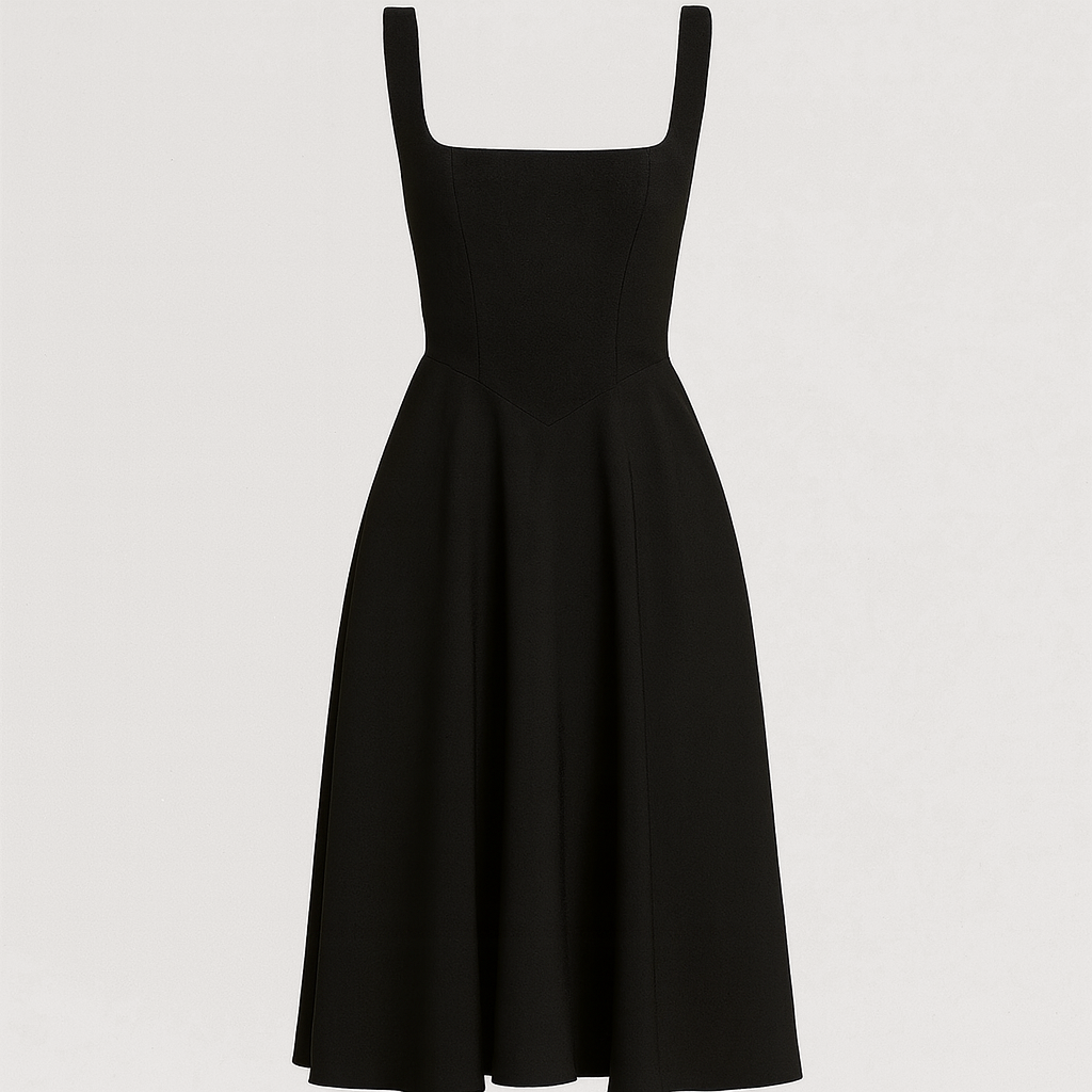 Midi dress with a square neckline, fitted bodice, and flared A-line skirt