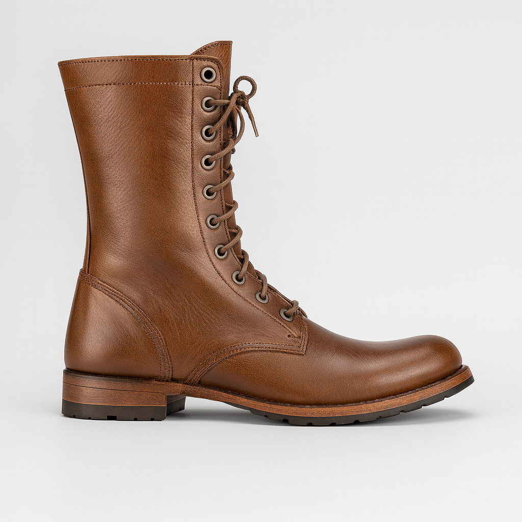 Lace-up leather boots with reinforced eyelets, sturdy sole, and mid-calf height for rugged everyday wear