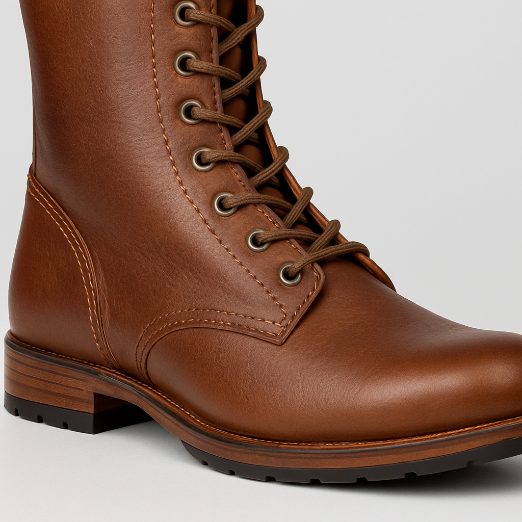 Lace-up leather boots with reinforced eyelets, sturdy sole, and mid-calf height for rugged everyday wear