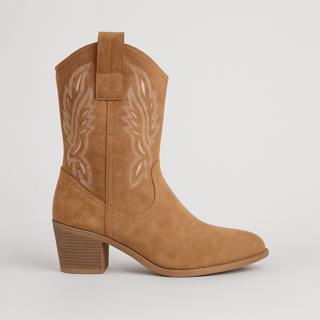 Mid-calf Western boots with embroidered design, pull-on tabs, and block heel for everyday casual wear.