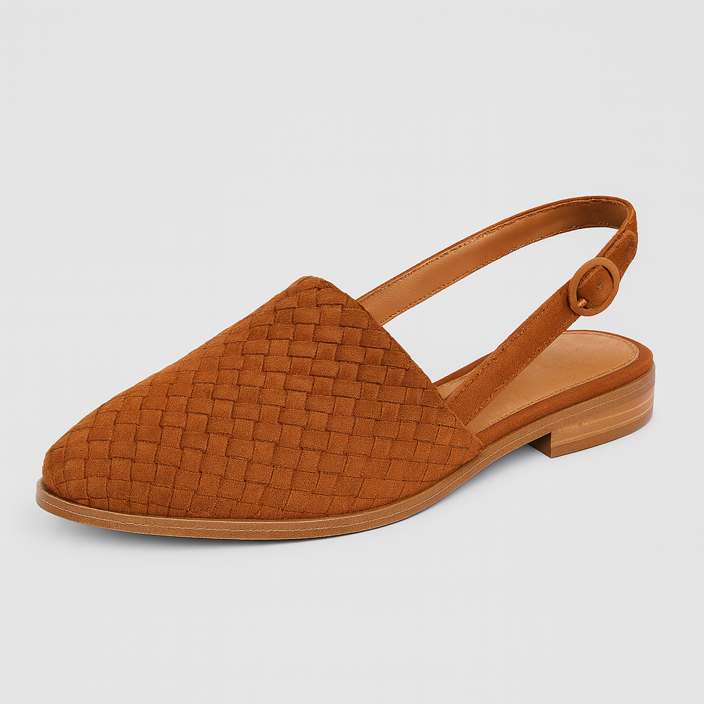 Closed-toe woven flat shoe with slingback strap, buckle closure, and low stacked heel.