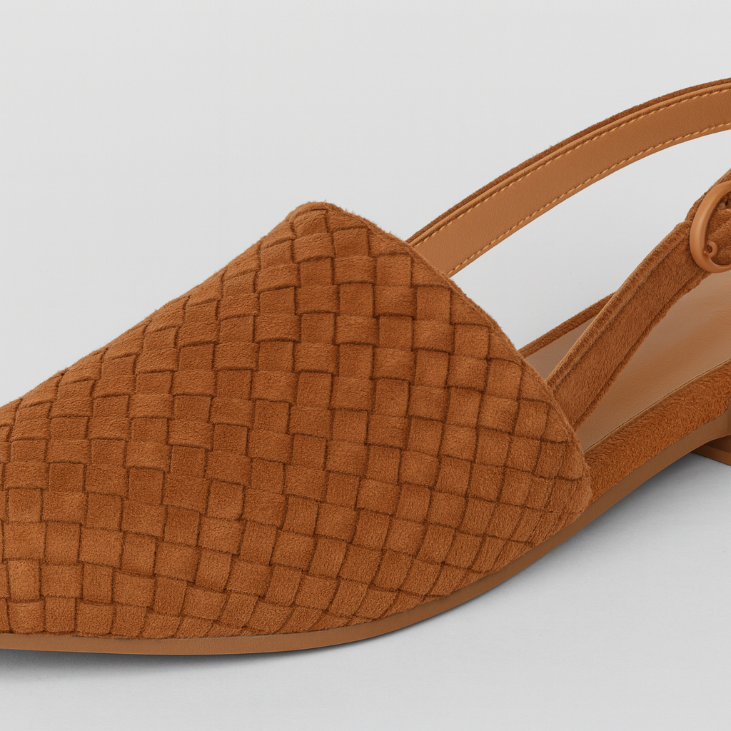Closed-toe woven flat shoe with slingback strap, buckle closure, and low stacked heel.