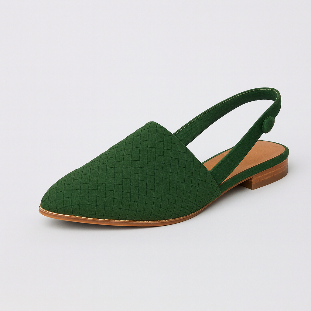 Closed-toe woven flat shoe with slingback strap, buckle closure, and low stacked heel.