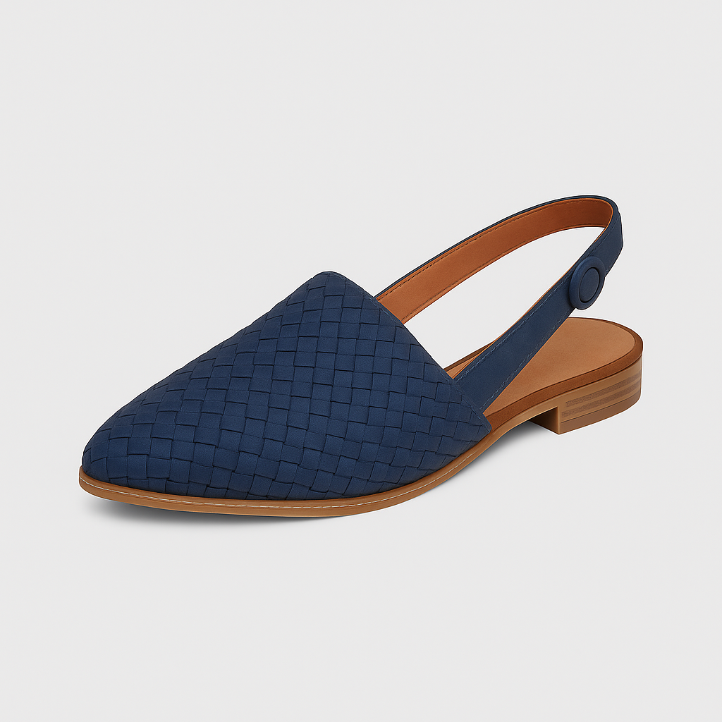 Closed-toe woven flat shoe with slingback strap, buckle closure, and low stacked heel.