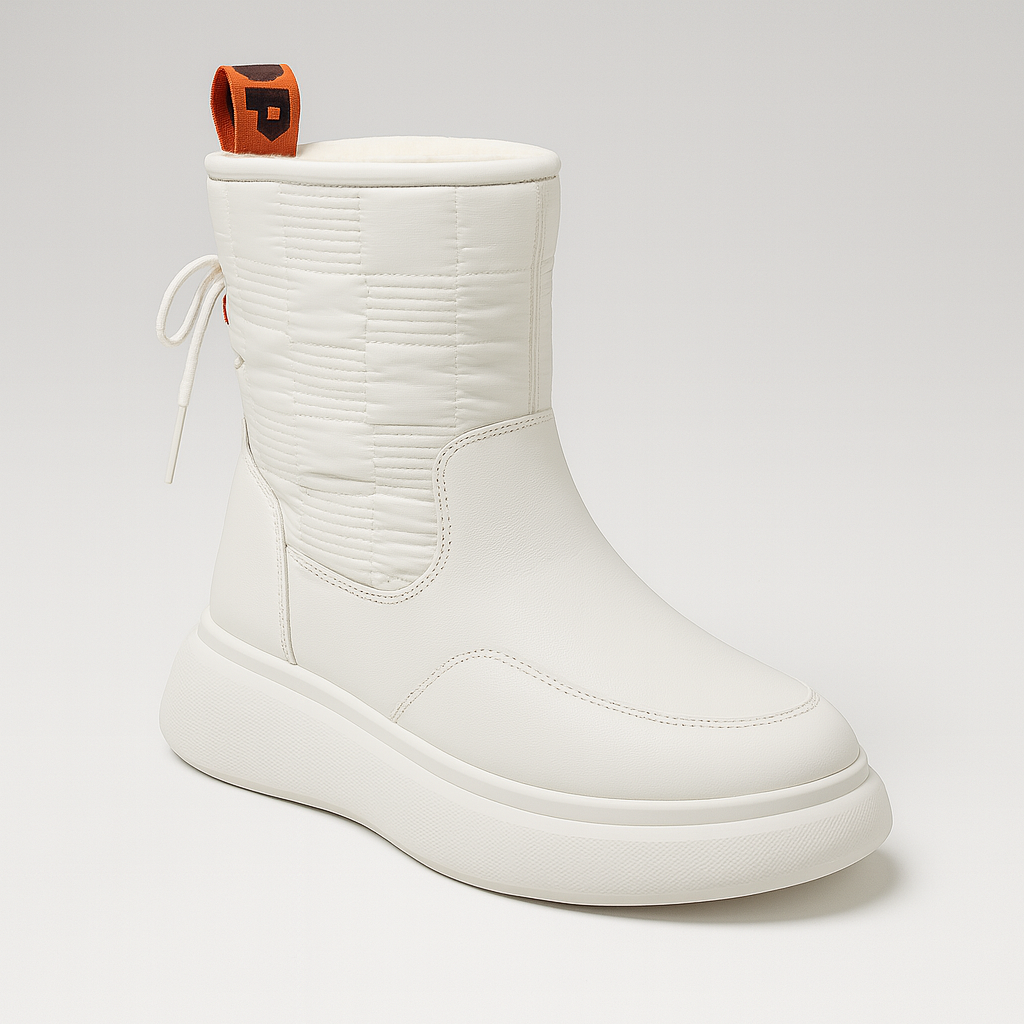 High-top lace-up boots with thick sole, padded design, and pull tab for sporty winter wear