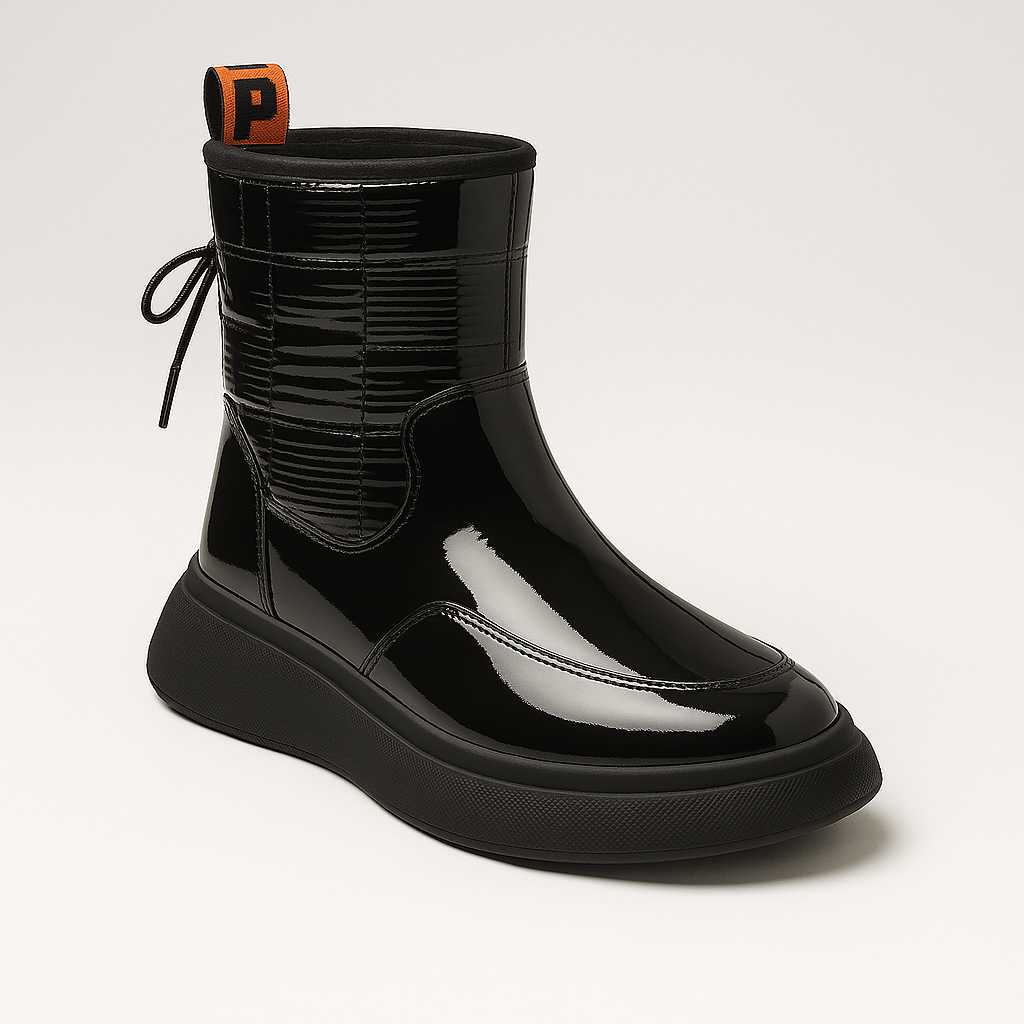 High-top lace-up boots with thick sole, padded design, and pull tab for sporty winter wear